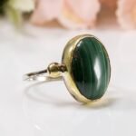 Handmade Oval Malachite Ring in 925 Sterling Silver, Gold Bezel Gemstone Ring for Her - Image 3