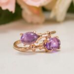 Natural amethyst ring with oval purple gemstone in rose gold plated sterling silver