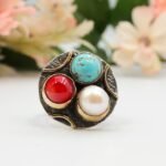 Boho Statement Gemstone Ring – Turquoise Coral Pearl Silver Gold Cocktail Ring – Artisan Vintage Style - Image 5