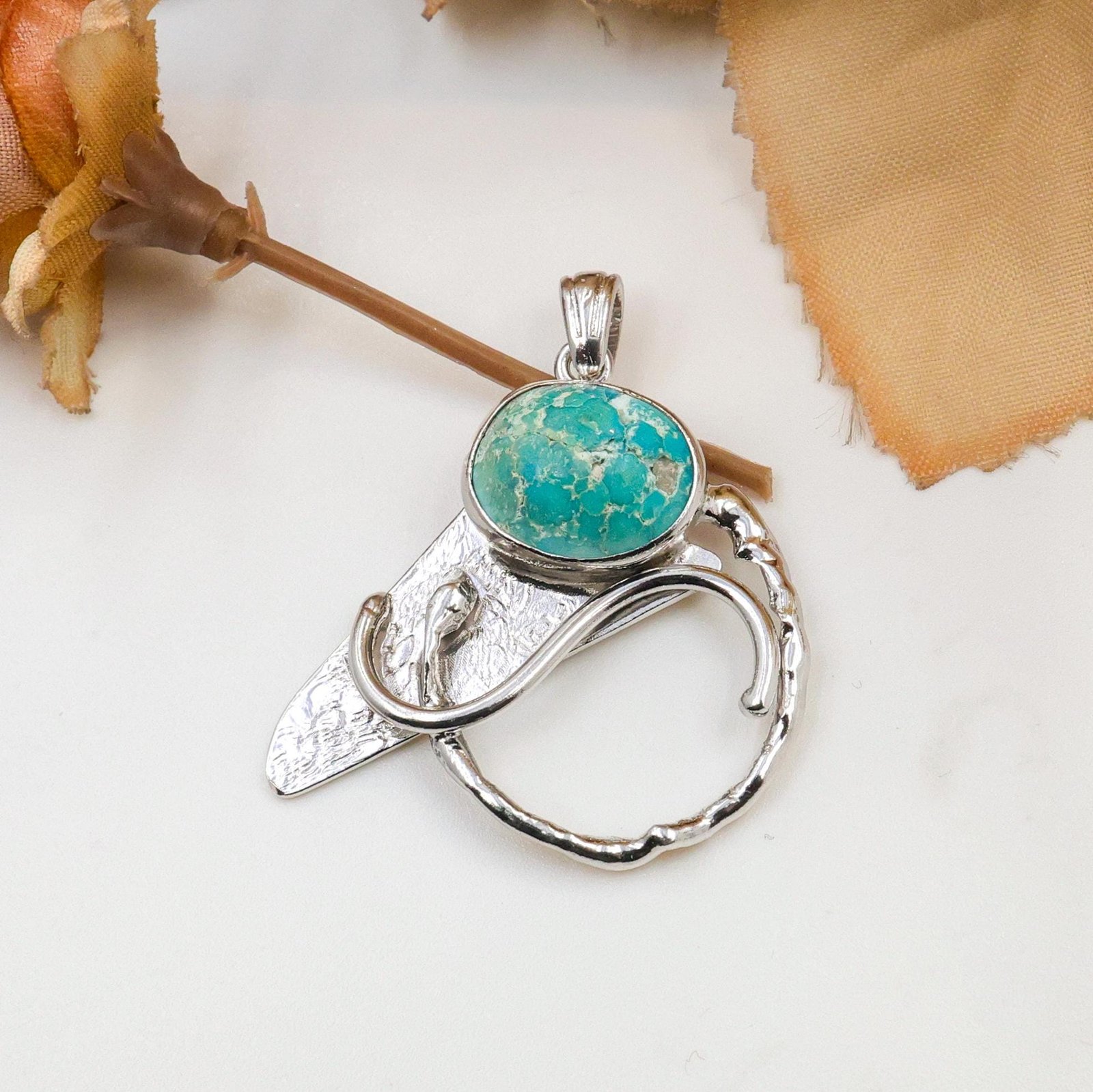 One of a kind turquoise necklace with abstract sterling silver pendant