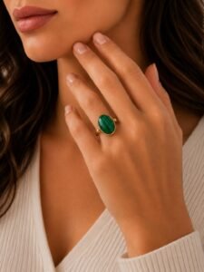 Handmade Oval Malachite Ring in 925 Sterling Silver, Gold Bezel Gemstone Ring for Her - Image 2