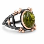 Green Peridot Ring in 925 Sterling Silver, Rose Gold and Blackened Statement Jewelry