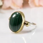 Handmade Oval Malachite Ring in 925 Sterling Silver, Gold Bezel Gemstone Ring for Her - Image 5