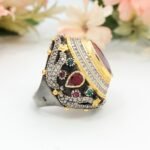 Ruby Emerald Ottoman Ring, Gold Gilded Sterling Silver Statement Jewelry - Image 9
