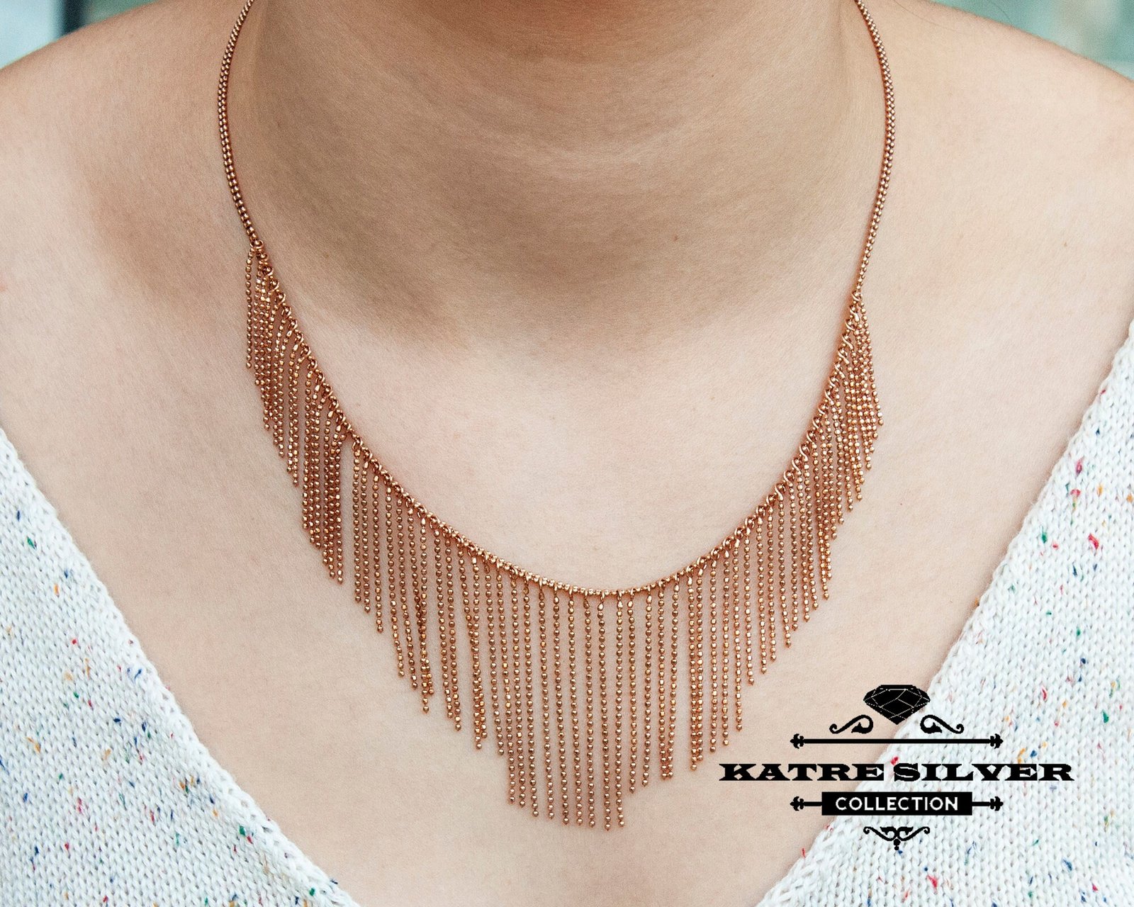 af3e7430-2d09-5c26-8dbb-bd3d2038190d.jpg Rose Gold Plated Sterling Silver Fringe Necklace - Handmade Wedding Jewelry - Image 1