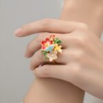 Enamel flower ladybug ring in gold plated sterling silver