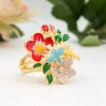 Enamel Flower Ladybug Ring, Gold Plated Sterling Silver Jewelry - Image 2