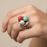 Boho statement gemstone ring with turquoise coral and pearl