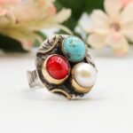 Boho Statement Gemstone Ring – Turquoise Coral Pearl Silver Gold Cocktail Ring – Artisan Vintage Style - Image 2